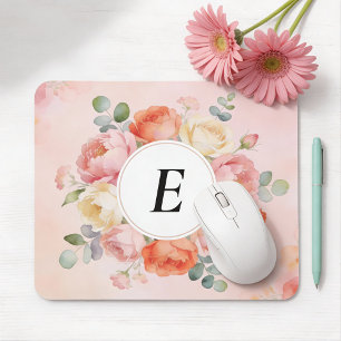 Tapis de souris monogrammé aux pivoines blush aqua