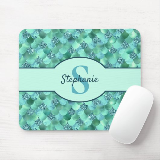 Tapis De Souris Monogramme Balances de sirène mer vert Aqua bleu (Avec souris)