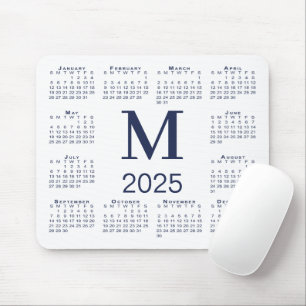 Tapis De Souris Monogramme bleu marine 2025 Calendrier sur blanc