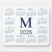 Tapis De Souris Monogramme bleu marine 2025 Calendrier sur blanc (Devant)