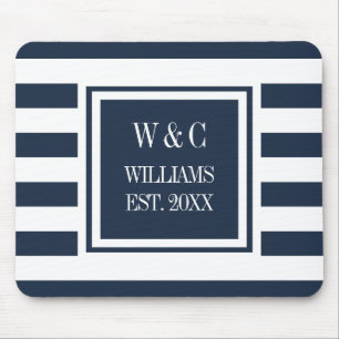 Tapis De Souris Monogramme bleu marine blanc rayé personnalisé