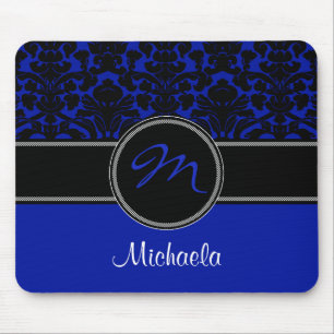 Tapis De Souris Monogramme Bleu Noir Blanc Damas Mousepad