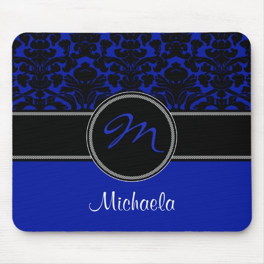 Tapis De Souris Monogramme Bleu Noir Blanc Damas Mousepad (Devant)