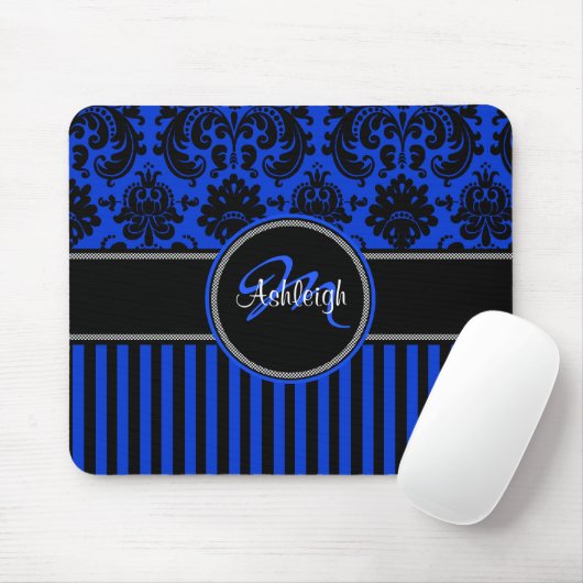 Tapis De Souris Monogramme Bleu Noir Bleu Blancs Damas Mousepad (Avec souris)