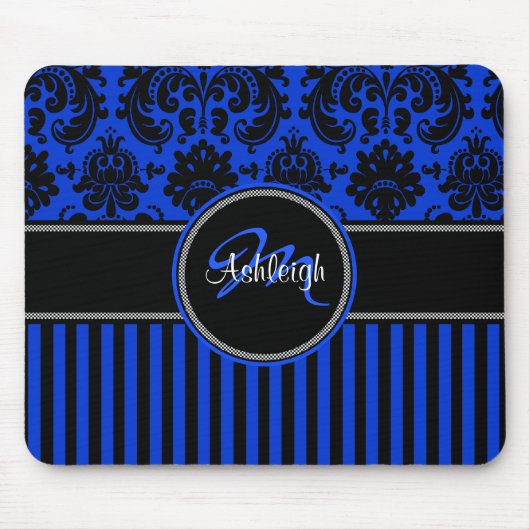Tapis De Souris Monogramme Bleu Noir Bleu Blancs Damas Mousepad (Devant)
