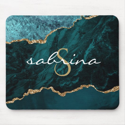 Tapis De Souris Monogramme bleu sarcelle or agate géode (Devant)