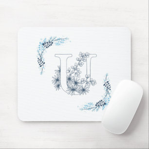 Tapis De Souris Monogramme bleu "U" initial Floral calme