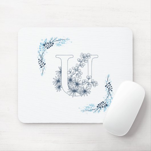 Tapis De Souris Monogramme bleu "U" initial Floral calme (Avec souris)