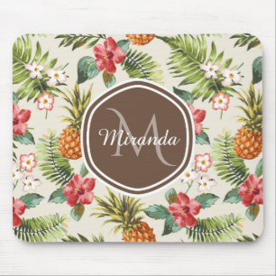 Tapis De Souris Monogramme Brown floral d'ananas tropical exotique