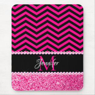 Tapis De Souris Monogramme Chevron Pailleté Noir et Rose Chaud
