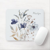 Tapis De Souris Monogramme Chic Joli Aquarelle Bleu Flower (Avec souris)