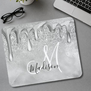 Tapis De Souris Monogramme chic pailleté ombré argent