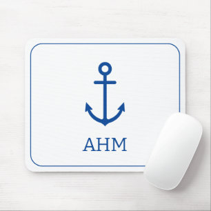 Tapis De Souris Monogramme d'Ancre marine bleu et blanc simple