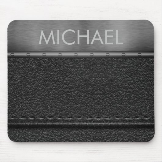 Tapis De Souris Monogramme de bande métallique en cuir noir (Devant)