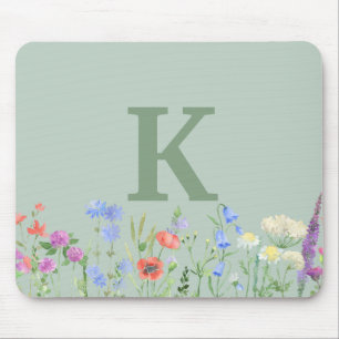 Tapis De Souris Monogramme de fleur sauvage à l'aquarelle