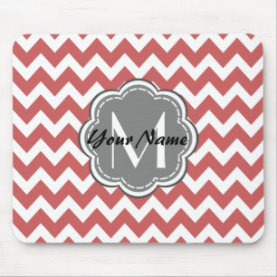 Tapis De Souris Monogramme de gris fleuri rouge indien Chevron