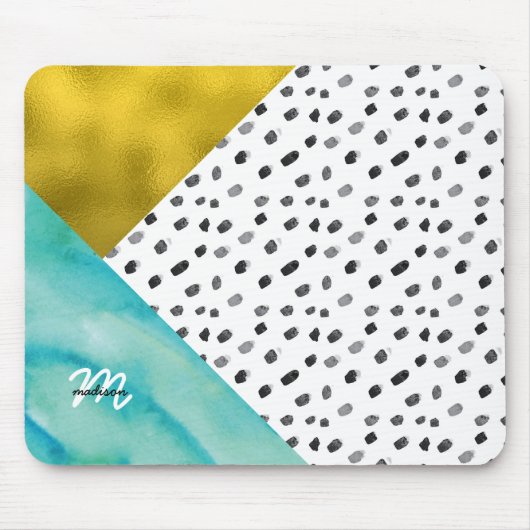 Tapis De Souris Monogramme de médias mixtes turquoise et or (Devant)