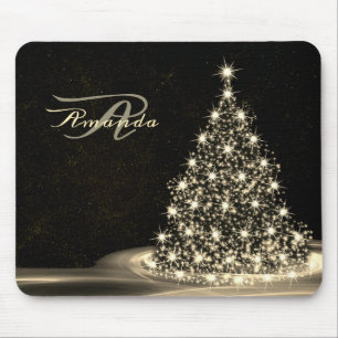 Tapis De Souris Monogramme de Noël Arbre Doré Brillant Hiver Noir
