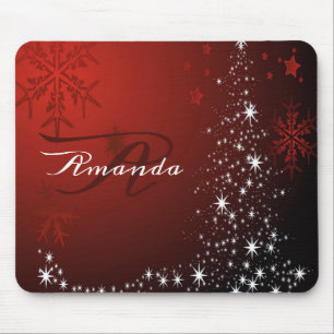 Tapis De Souris Monogramme de Noël Etoiles blanches Arbre Red Snow