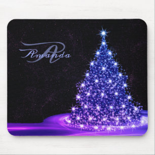 Tapis De Souris Monogramme de Noël Rose Bleu Hiver Noir Rustique