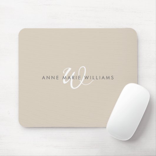 Tapis De Souris Monogramme de script blanc marron moderne (Avec souris)