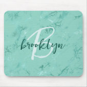 Tapis De Souris Monogramme de script en feuille de marbre bleu aqu (Devant)