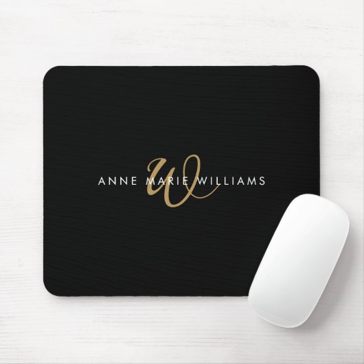 Tapis De Souris Monogramme de script or noir moderne (Avec souris)