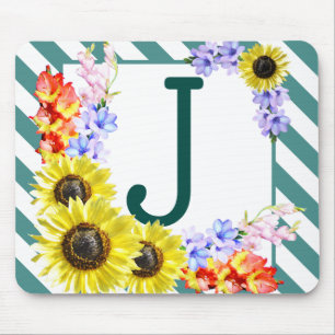Tapis De Souris Monogramme de tournesol Rayures Turquoises