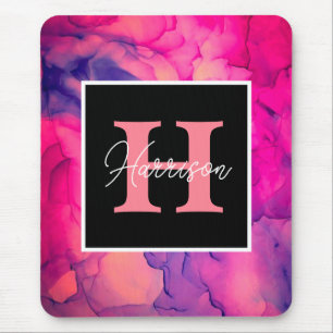 Tapis De Souris Monogramme d'encre d'alcool rose chaud pour elle