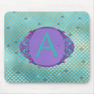 Tapis De Souris Monogramme des échelles Turquoises de sirènes vert