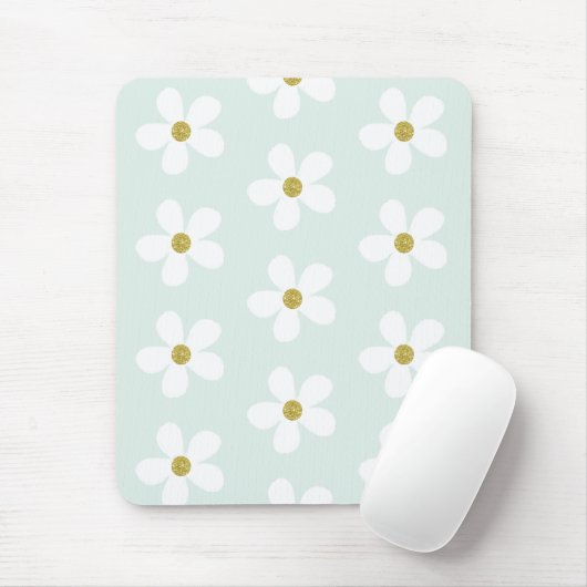 Tapis De Souris Monogramme d'or blanc vert simple marguerite (Avec souris)