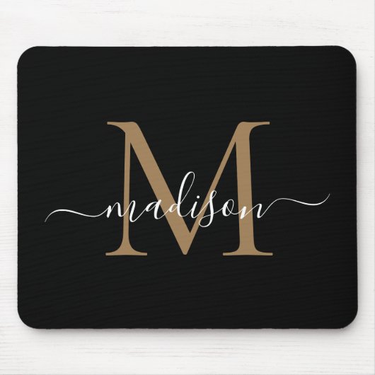 Tapis De Souris Monogramme d'or noir moderne Élégant Script de fil (Devant)