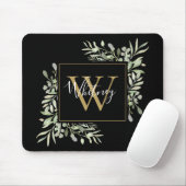Tapis De Souris Monogramme d'or noir Vert Floral (Avec souris)