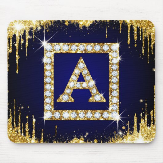 Tapis De Souris Monogramme doré initial A avec paillettes bleues (Devant)