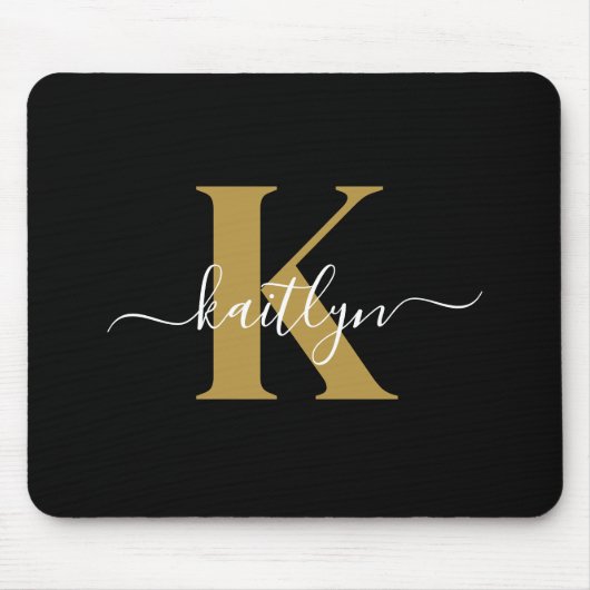 Tapis De Souris Monogramme élégant en or noir Script (Devant)