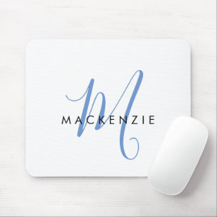 Tapis De Souris Monogramme élégant moderne blanc bleu script