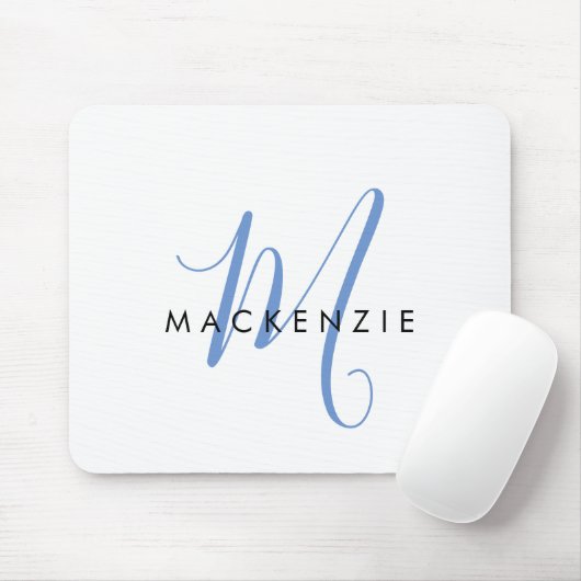 Tapis De Souris Monogramme élégant moderne blanc bleu script (Avec souris)