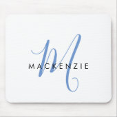 Tapis De Souris Monogramme élégant moderne blanc bleu script (Devant)
