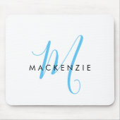 Tapis De Souris Monogramme élégant moderne blanc ciel bleu script (Devant)