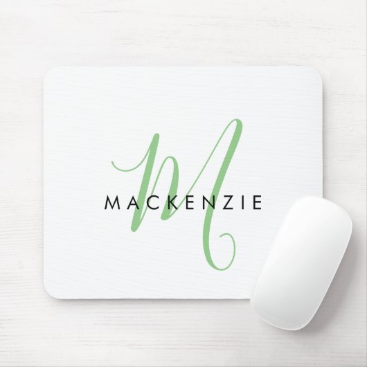 Tapis De Souris Monogramme élégant moderne blanc vert écriture (Avec souris)