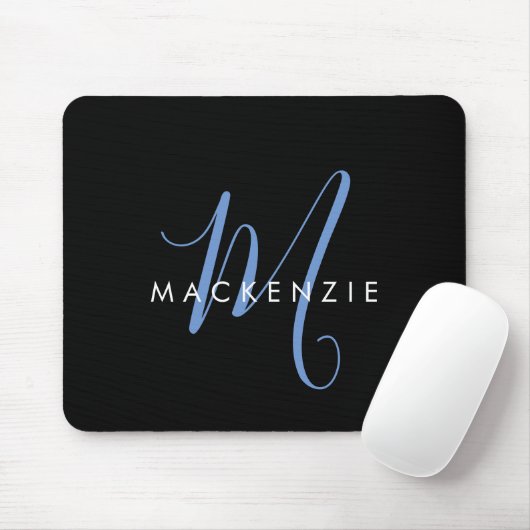 Tapis De Souris Monogramme élégant moderne noir bleu script (Avec souris)