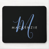 Tapis De Souris Monogramme élégant moderne noir bleu script (Devant)