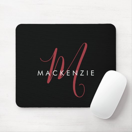Tapis De Souris Monogramme élégant moderne noir rouge script (Avec souris)