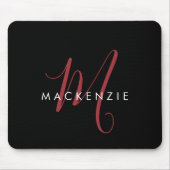 Tapis De Souris Monogramme élégant moderne noir rouge script (Devant)
