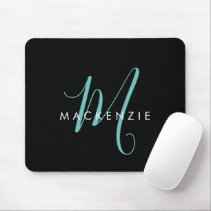 Tapis De Souris Monogramme élégant moderne noir sarcelle écriture