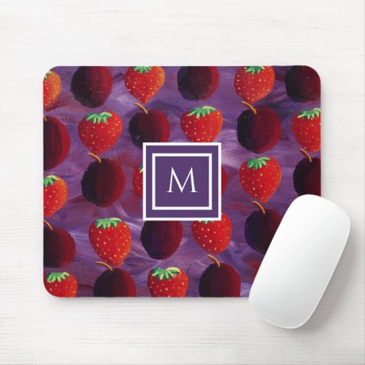 Tapis De Souris Monogramme élégant Plums initiaux et fraises (Avec souris)