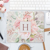 Tapis De Souris Monogramme Elégant rose Peony Floral Marbre