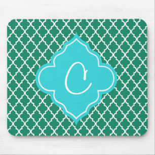 Tapis De Souris Monogramme élégant vert et sarcelle en quatrefeuil