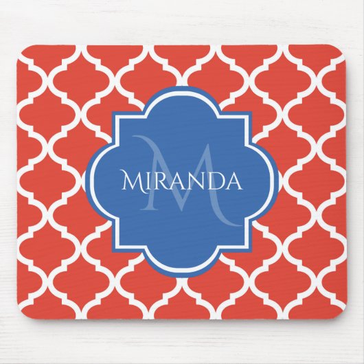Tapis De Souris Monogramme et nom bleu Quatrefoil rouge tendance (Devant)