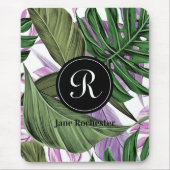 Tapis De Souris Monogramme Feuille violet vert d'été tropical (Devant)